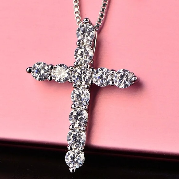 New Simulated Diamonds Sterling Silver 18” Classic Cross Pendant Necklace - Picture 4 of 6